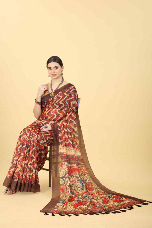 Blue Cotton Blend Printed Abstract Saree with Unstitched Blouse - Hiral Fashion | Swadesiicart