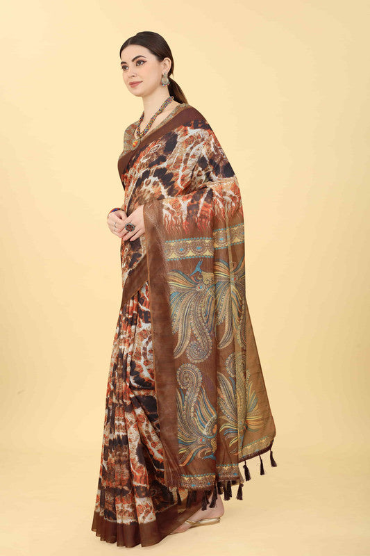 Blue Cotton Blend Printed Kalamkari Saree with Unstitched Blouse - Hiral Fashion | Swadesiicart