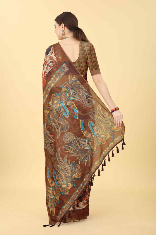 Blue Cotton Blend Printed Kalamkari Saree with Unstitched Blouse - Hiral Fashion | Swadesiicart