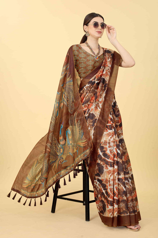 Blue Cotton Blend Printed Kalamkari Saree with Unstitched Blouse - Hiral Fashion | Swadesiicart