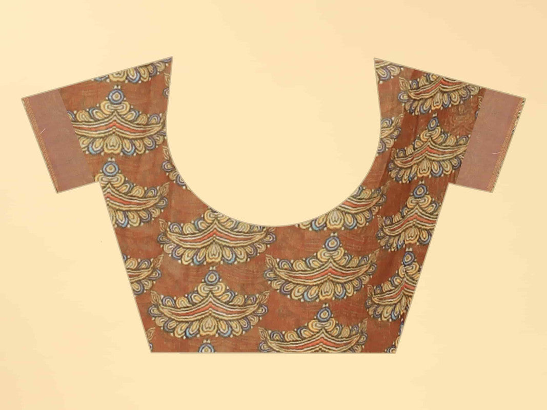 Blue Cotton Blend Printed Kalamkari Saree with Unstitched Blouse - Hiral Fashion | Swadesiicart