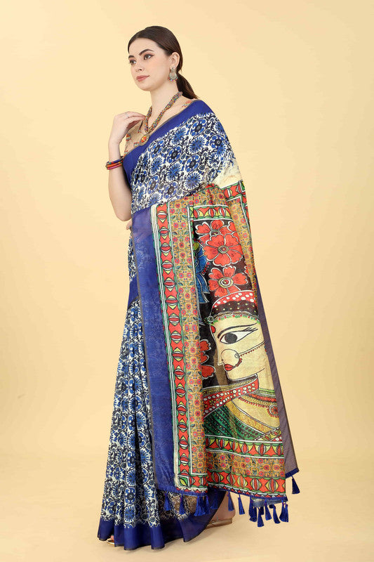 Blue Cotton Blend Printed Kalamkari Saree with Unstitched Blouse - Hiral Fashion | Swadesiicart