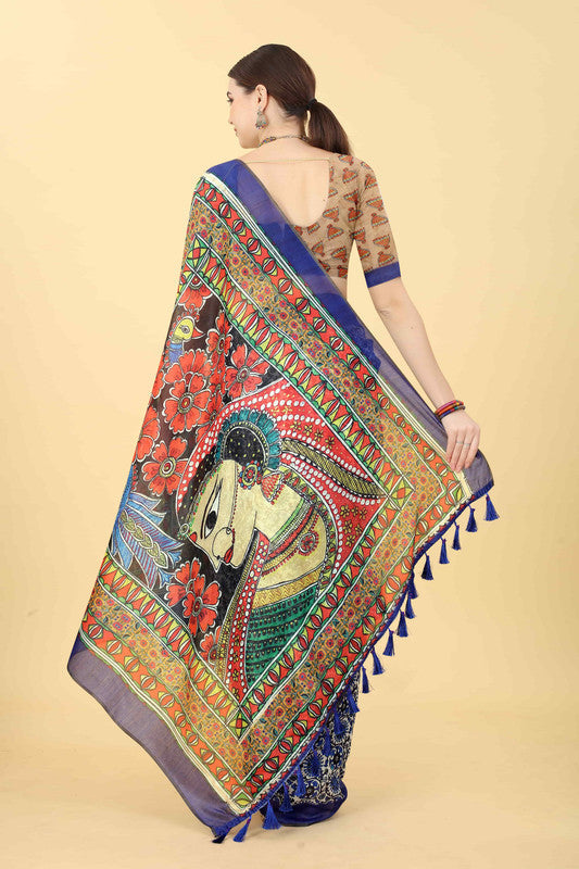Blue Cotton Blend Printed Kalamkari Saree with Unstitched Blouse - Hiral Fashion | Swadesiicart
