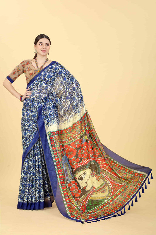 Blue Cotton Blend Printed Kalamkari Saree with Unstitched Blouse - Hiral Fashion | Swadesiicart