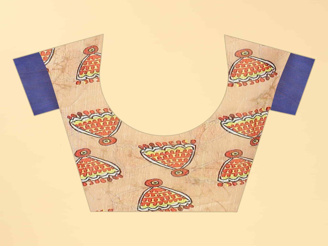 Blue Cotton Blend Printed Kalamkari Saree with Unstitched Blouse - Hiral Fashion | Swadesiicart