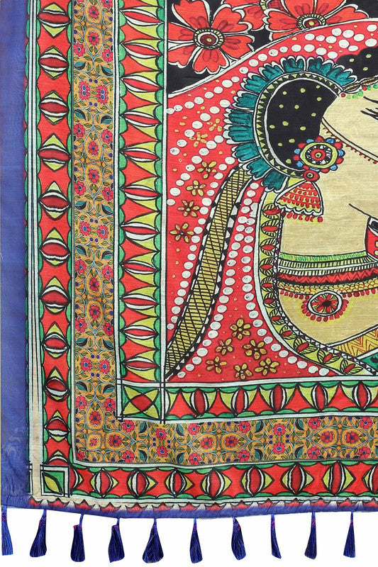Blue Cotton Blend Printed Kalamkari Saree with Unstitched Blouse - Hiral Fashion | Swadesiicart