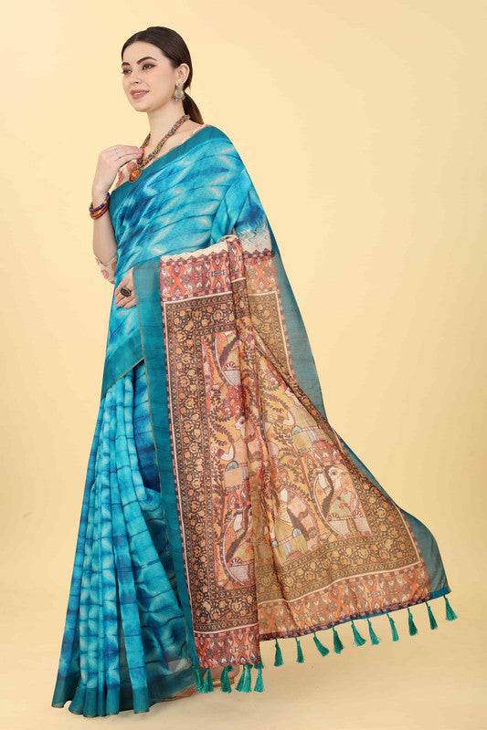 Blue Cotton Blend Printed Kalamkari Saree with Unstitched Blouse - Hiral Fashion | Swadesiicart