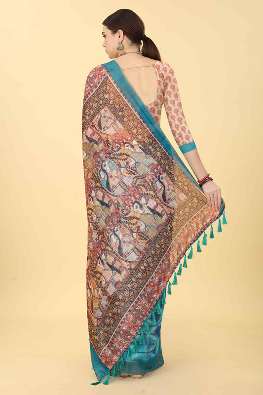 Blue Cotton Blend Printed Kalamkari Saree with Unstitched Blouse - Hiral Fashion | Swadesiicart