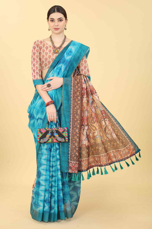 Blue Cotton Blend Printed Kalamkari Saree with Unstitched Blouse - Hiral Fashion | Swadesiicart