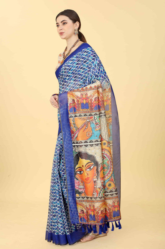 Blue Cotton Blend Printed Kalamkari Saree with Unstitched Blouse - Hiral Fashion | Swadesiicart