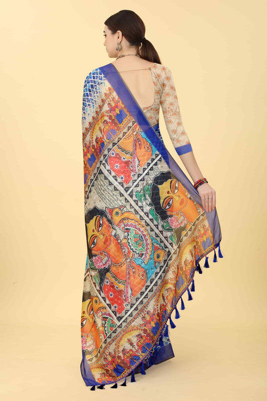 Blue Cotton Blend Printed Kalamkari Saree with Unstitched Blouse - Hiral Fashion | Swadesiicart