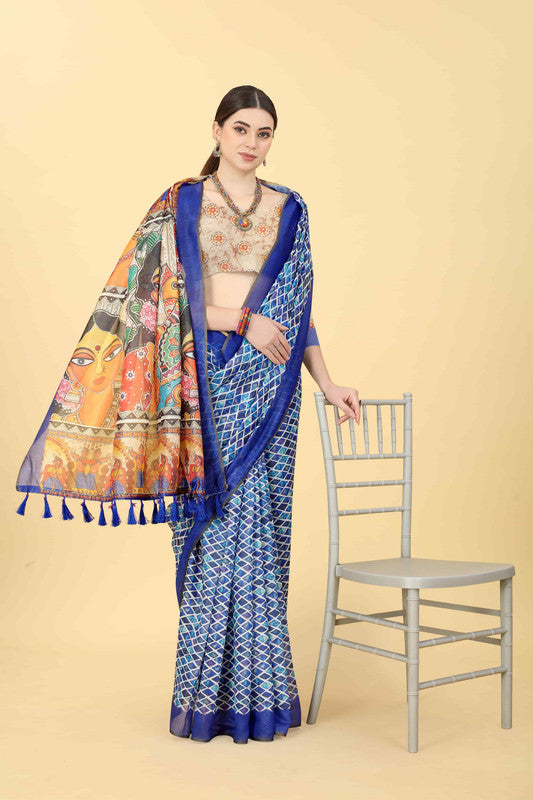 Blue Cotton Blend Printed Kalamkari Saree with Unstitched Blouse - Hiral Fashion | Swadesiicart