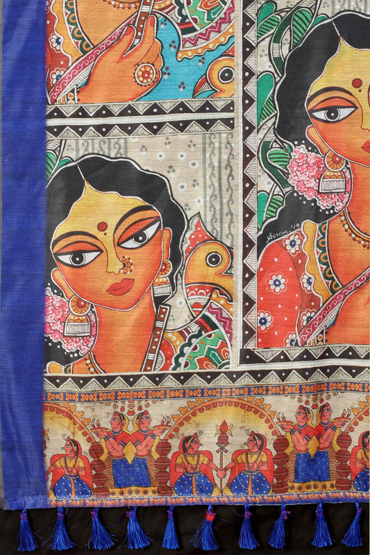 Blue Cotton Blend Printed Kalamkari Saree with Unstitched Blouse - Hiral Fashion | Swadesiicart