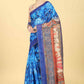 Blue Cotton Blend Printed Kalamkari Saree with Unstitched Blouse - Hiral Fashion | Swadesiicart