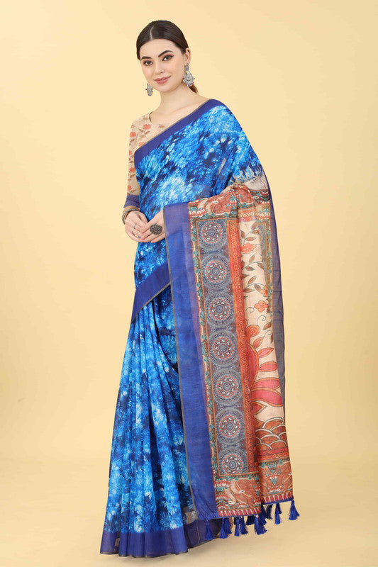 Blue Cotton Blend Printed Kalamkari Saree with Unstitched Blouse - Hiral Fashion | Swadesiicart