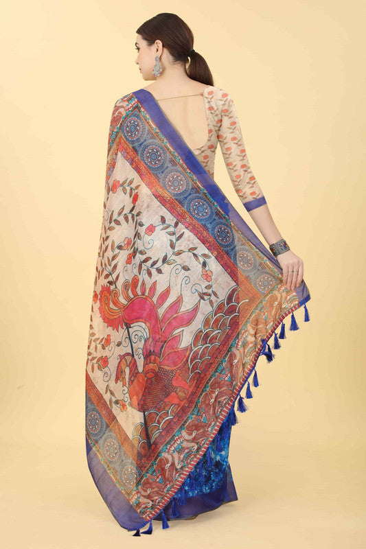 Blue Cotton Blend Printed Kalamkari Saree with Unstitched Blouse - Hiral Fashion | Swadesiicart