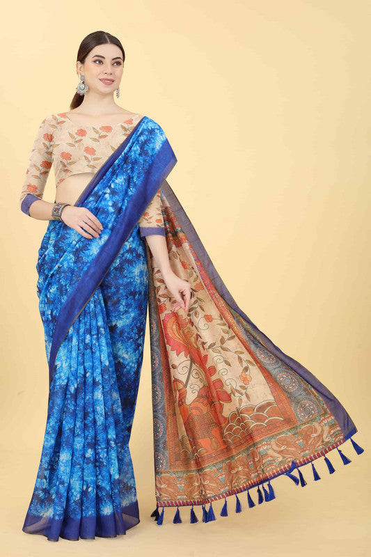 Blue Cotton Blend Printed Kalamkari Saree with Unstitched Blouse - Hiral Fashion | Swadesiicart
