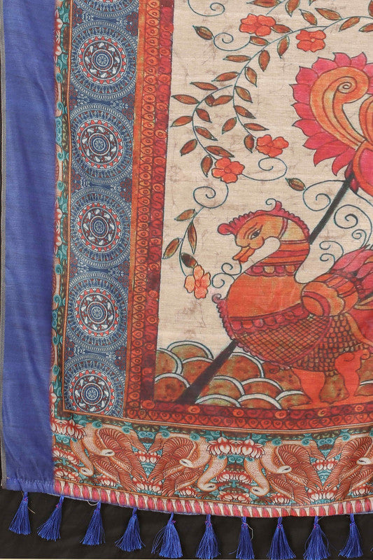 Blue Cotton Blend Printed Kalamkari Saree with Unstitched Blouse - Hiral Fashion | Swadesiicart