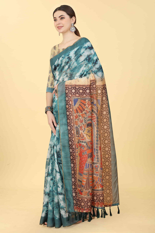 Blue Cotton Blend Printed Kalamkari Saree with Unstitched Blouse - Hiral Fashion | Swadesiicart