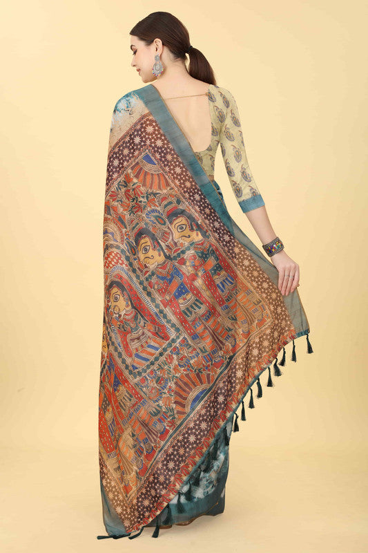 Blue Cotton Blend Printed Kalamkari Saree with Unstitched Blouse - Hiral Fashion | Swadesiicart
