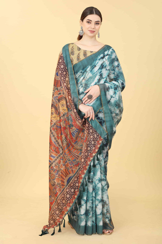 Blue Cotton Blend Printed Kalamkari Saree with Unstitched Blouse - Hiral Fashion | Swadesiicart