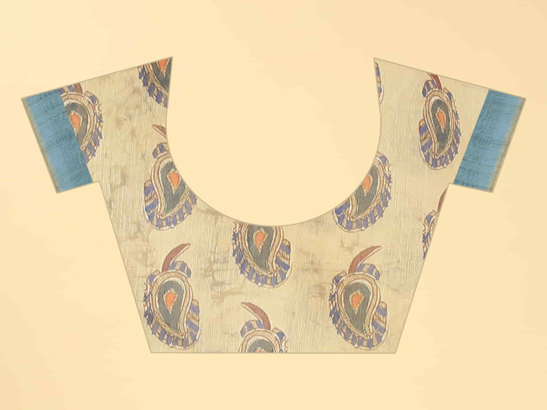 Blue Cotton Blend Printed Kalamkari Saree with Unstitched Blouse - Hiral Fashion | Swadesiicart