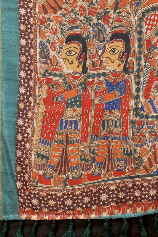 Blue Cotton Blend Printed Kalamkari Saree with Unstitched Blouse - Hiral Fashion | Swadesiicart