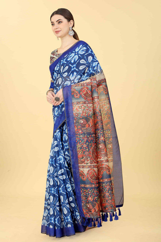 Blue Cotton Blend Printed Kalamkari Saree with Unstitched Blouse - Hiral Fashion | Swadesiicart