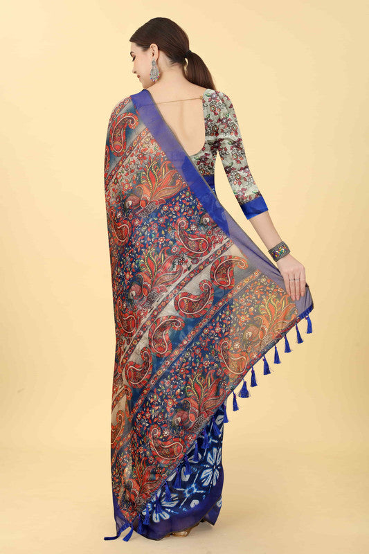 Blue Cotton Blend Printed Kalamkari Saree with Unstitched Blouse - Hiral Fashion | Swadesiicart