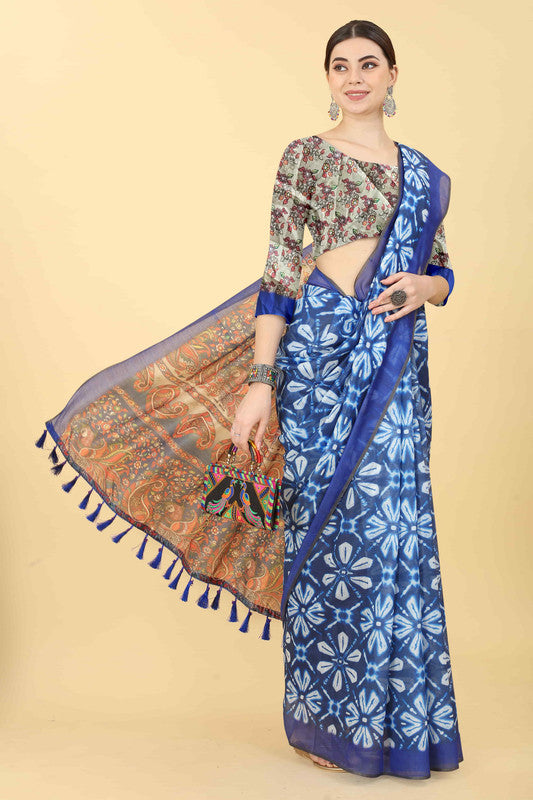 Blue Cotton Blend Printed Kalamkari Saree with Unstitched Blouse - Hiral Fashion | Swadesiicart