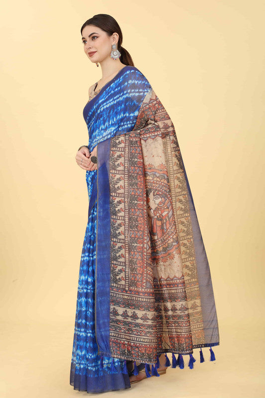 Blue Cotton Blend Printed Kalamkari Saree with Unstitched Blouse - Hiral Fashion | Swadesiicart