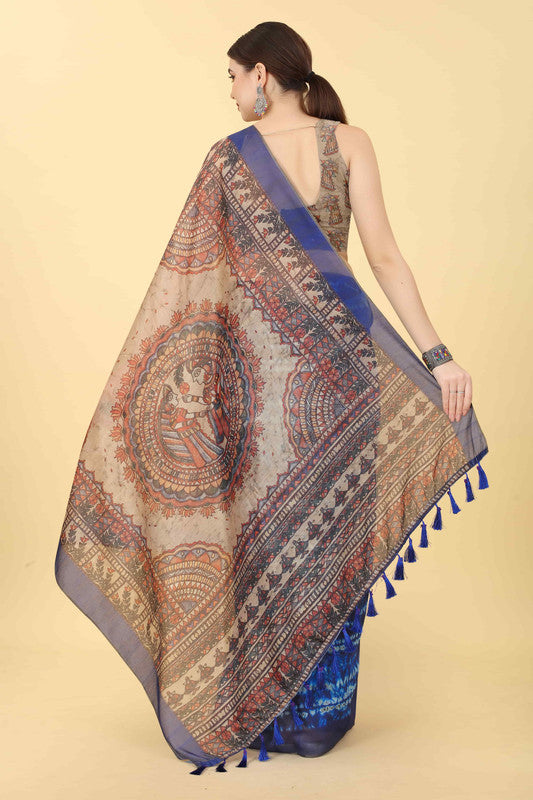 Blue Cotton Blend Printed Kalamkari Saree with Unstitched Blouse - Hiral Fashion | Swadesiicart