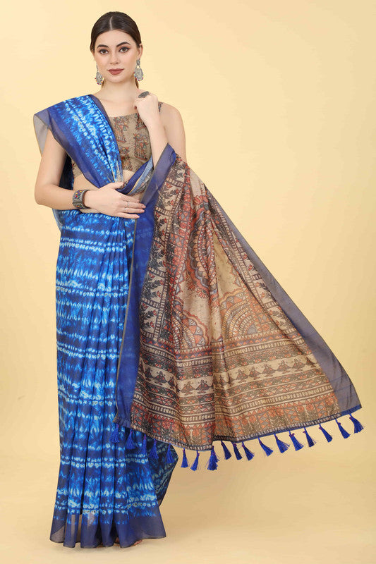 Blue Cotton Blend Printed Kalamkari Saree with Unstitched Blouse - Hiral Fashion | Swadesiicart