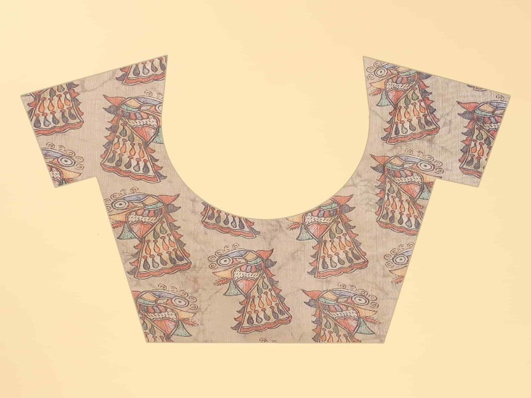 Blue Cotton Blend Printed Kalamkari Saree with Unstitched Blouse - Hiral Fashion | Swadesiicart