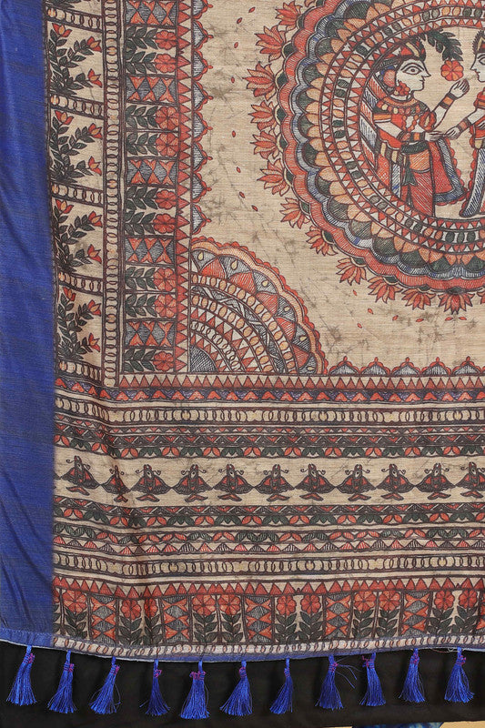Blue Cotton Blend Printed Kalamkari Saree with Unstitched Blouse - Hiral Fashion | Swadesiicart