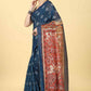 Blue Cotton Blend Printed Kalamkari Saree with Unstitched Blouse - Hiral Fashion | Swadesiicart