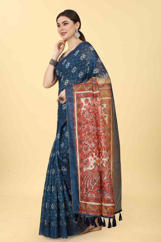 Blue Cotton Blend Printed Kalamkari Saree with Unstitched Blouse - Hiral Fashion | Swadesiicart