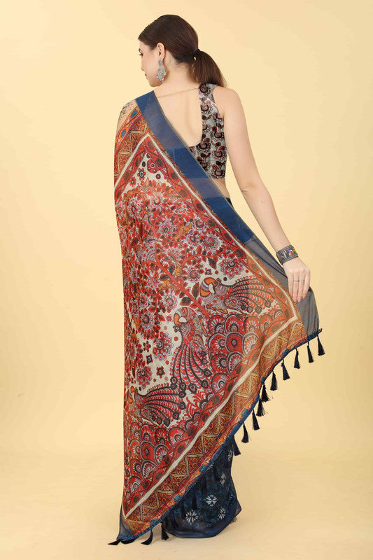 Blue Cotton Blend Printed Kalamkari Saree with Unstitched Blouse - Hiral Fashion | Swadesiicart
