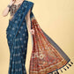 Blue Cotton Blend Printed Kalamkari Saree with Unstitched Blouse - Hiral Fashion | Swadesiicart