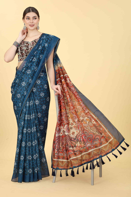 Blue Cotton Blend Printed Kalamkari Saree with Unstitched Blouse - Hiral Fashion | Swadesiicart