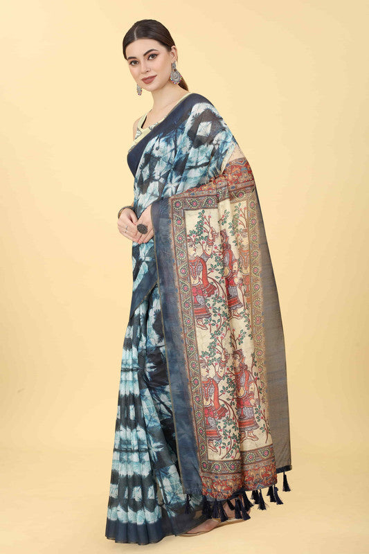 Blue Cotton Blend Printed Kalamkari Saree with Unstitched Blouse - Hiral Fashion | Swadesiicart