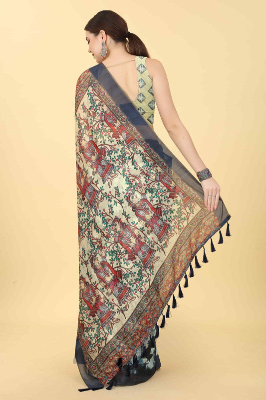 Blue Cotton Blend Printed Kalamkari Saree with Unstitched Blouse - Hiral Fashion | Swadesiicart