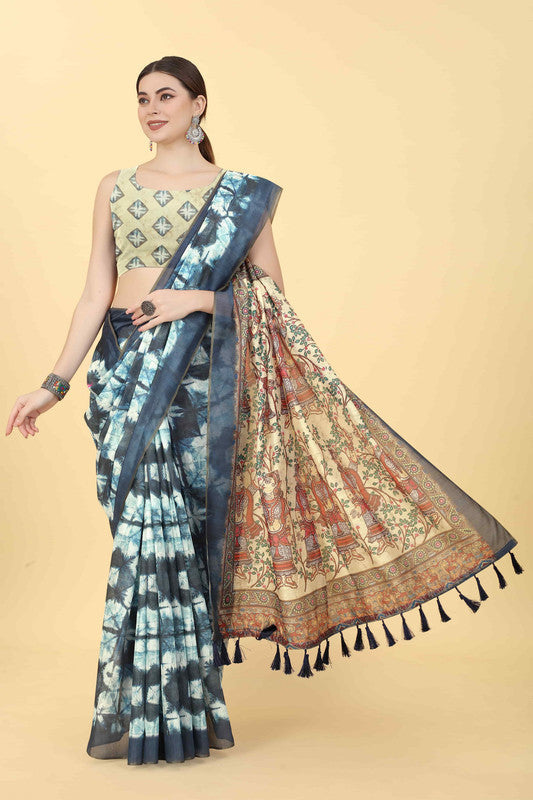 Blue Cotton Blend Printed Kalamkari Saree with Unstitched Blouse - Hiral Fashion | Swadesiicart