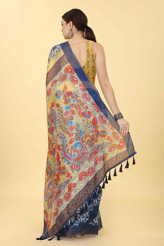 Blue Cotton Blend Printed Kalamkari Saree with Unstitched Blouse - Hiral Fashion | Swadesiicart