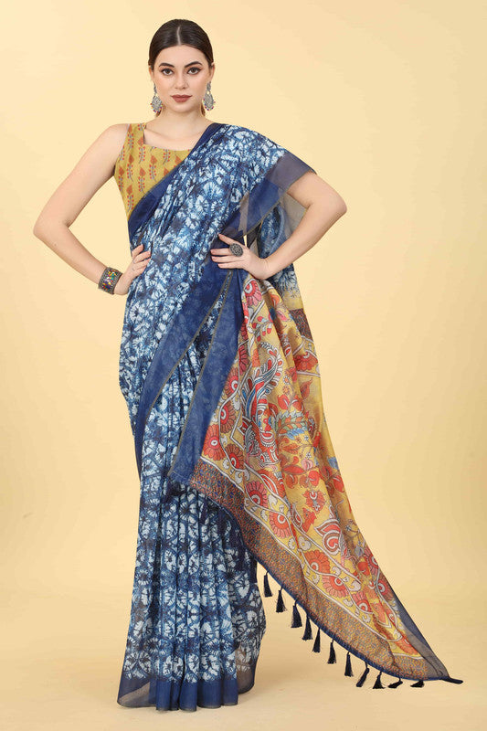 Blue Cotton Blend Printed Kalamkari Saree with Unstitched Blouse - Hiral Fashion | Swadesiicart