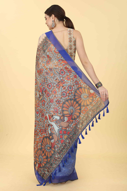 Blue Cotton Blend Printed Kalamkari Saree with Unstitched Blouse - Hiral Fashion | Swadesiicart