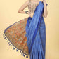 Blue Cotton Blend Printed Kalamkari Saree with Unstitched Blouse - Hiral Fashion | Swadesiicart
