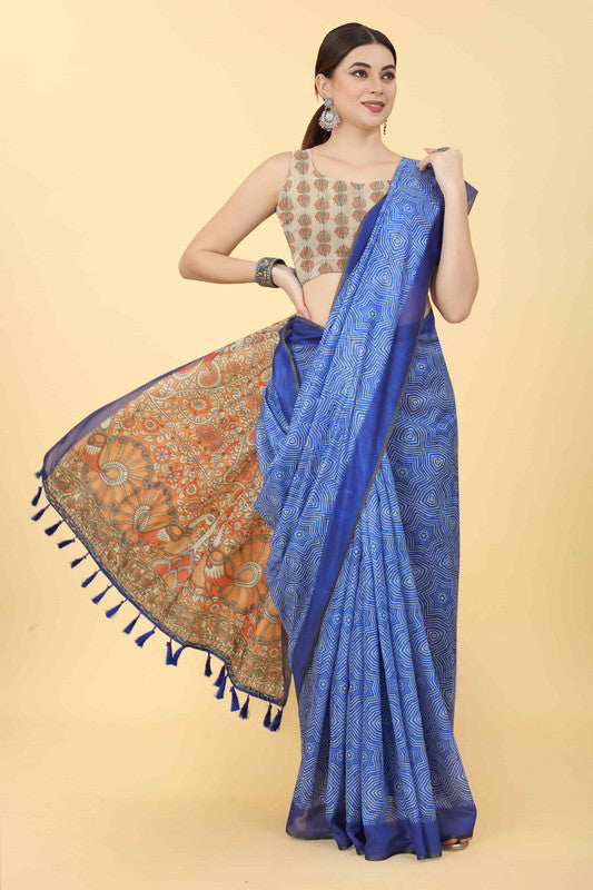Blue Cotton Blend Printed Kalamkari Saree with Unstitched Blouse - Hiral Fashion | Swadesiicart