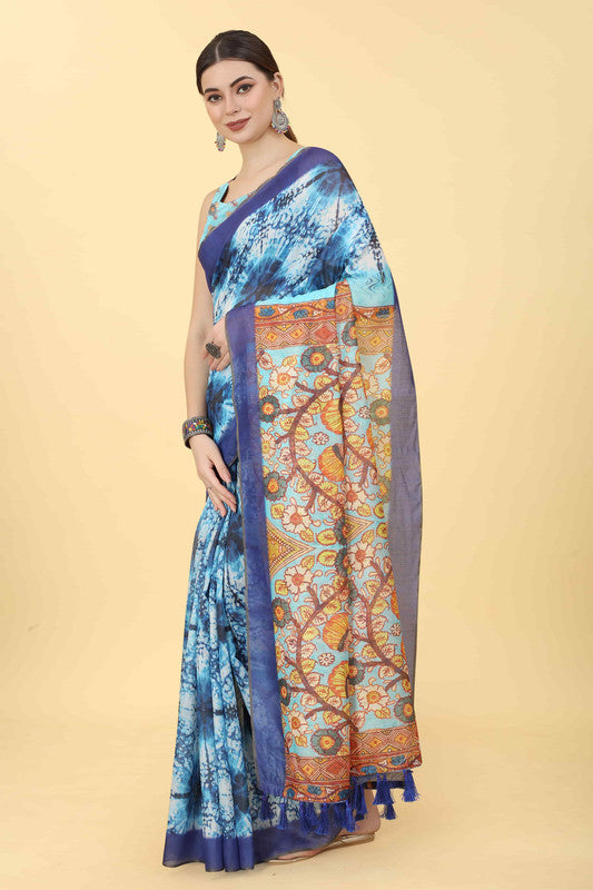 Blue Cotton Blend Printed Kalamkari Saree with Unstitched Blouse - Hiral Fashion | Swadesiicart
