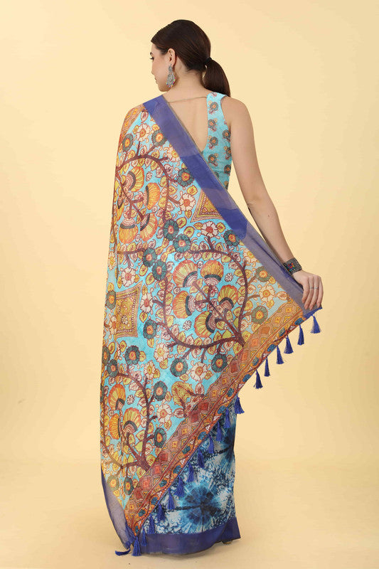 Blue Cotton Blend Printed Kalamkari Saree with Unstitched Blouse - Hiral Fashion | Swadesiicart